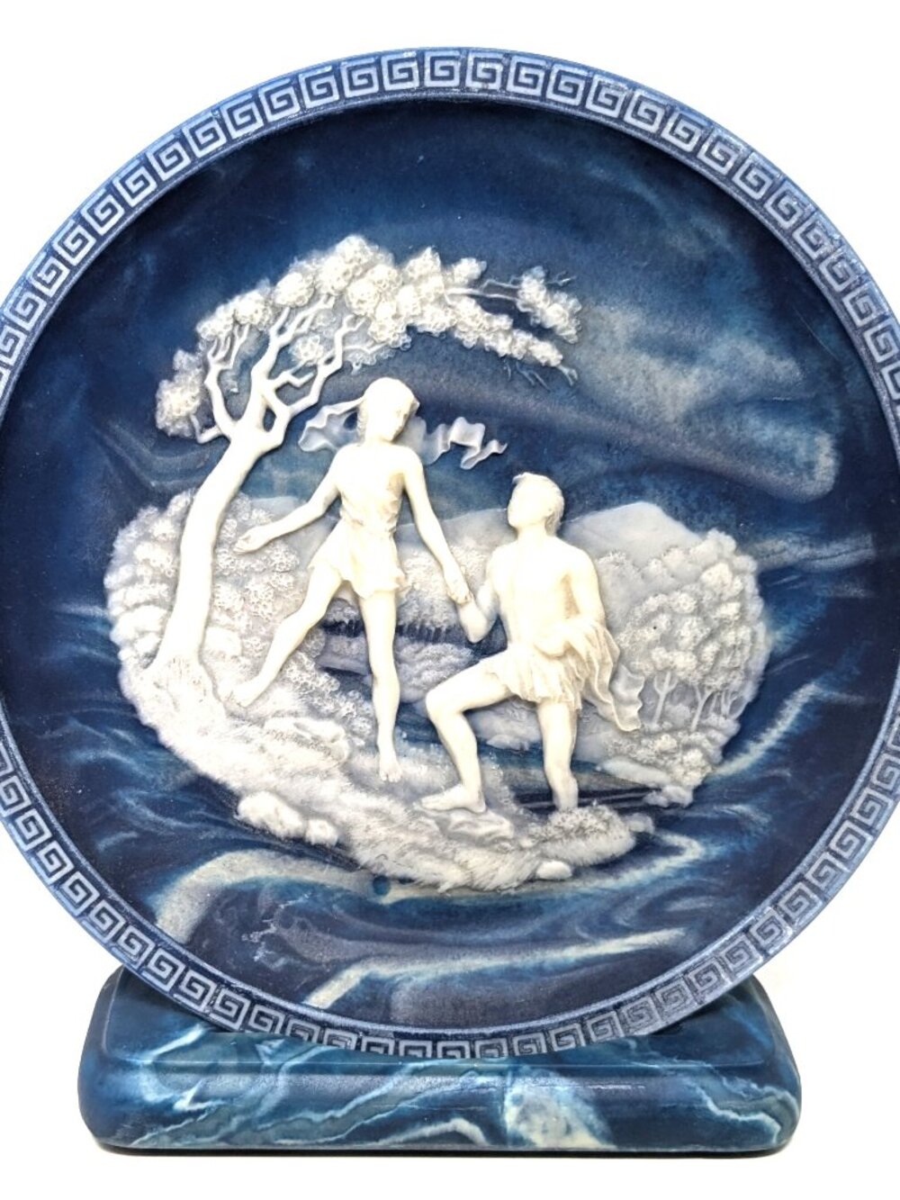 Incolay Stone Cameo Plate Homers Odyssey Ulyses Lapis Blue by Brunettin w stand